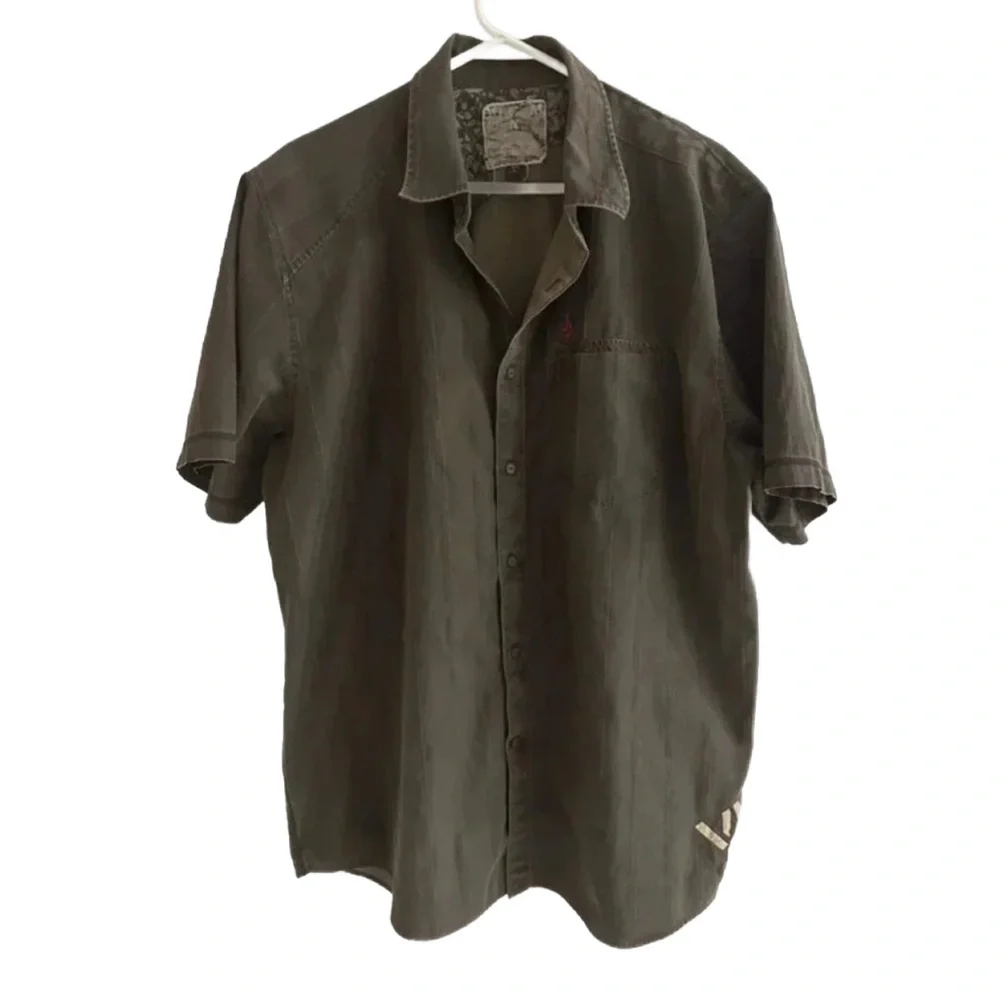 AFFLICTION ~ Men’s button up short sleeve distressed look shirt size L - Picture 4 of 9